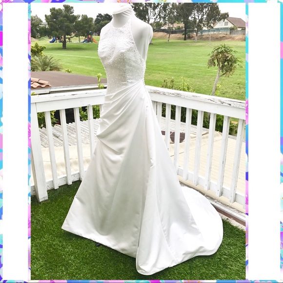 DEMETRIOS Beaded Ivory Satin Halter Neck Wedding Gown w Train Size 10 Dress - Picture 2 of 7